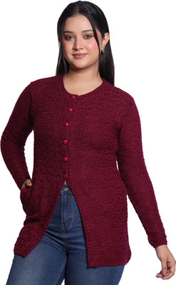 Varenyam Self Design Ruffle Neck Casual Women Purple Sweater