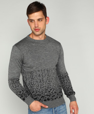 WROGN Printed Round Neck Casual Men Grey Sweater