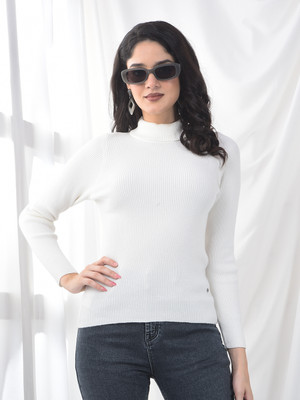 CRIMSOUNE CLUB Self Design Turtle Neck Casual Women White Sweater