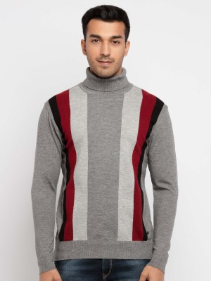 Status Quo Striped Turtle Neck Casual Men Grey Sweater