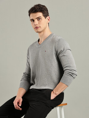 TOMMY HILFIGER Solid V Neck Casual Men Grey Sweater