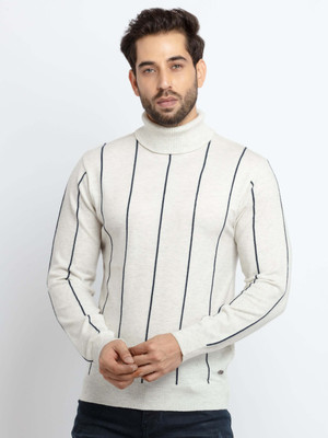 Status Quo Striped High Neck Casual Men White Sweater
