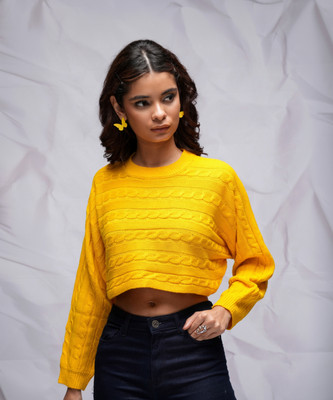 Tokyo Talkies Self Design Round Neck Casual Women Yellow Sweater