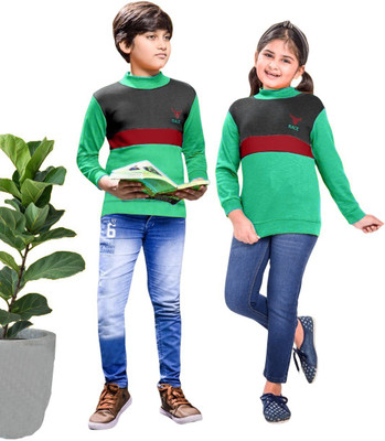 Little Funky Colorblock High Neck Casual Boys & Girls Green Sweater