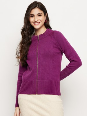 MADAME Solid Round Neck Casual Women Purple Sweater