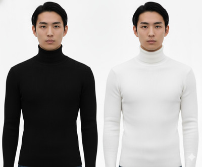 Zeffit Self Design High Neck Casual Men Black, White Sweater