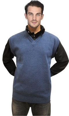 Louis Carlo Solid V Neck Casual Men Blue Sweater