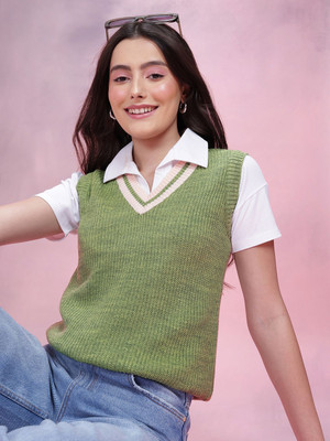 Dressberry Striped V Neck Casual Women Green Sweater