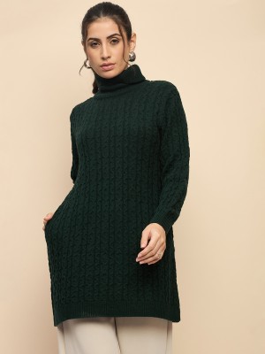 CLAPTON Self Design High Neck Casual Women Green Sweater