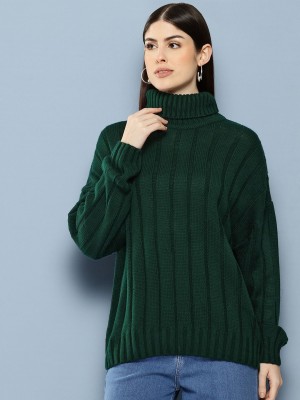 CHEMISTRY Self Design Turtle Neck Casual Women Green Sweater