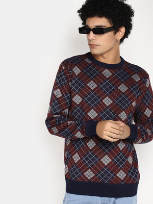 V-MART Self Design Round Neck Casual Men Maroon, Maroon Sweater