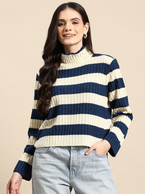 Mast & Harbour Solid Turtle Neck Casual Women Blue Sweater