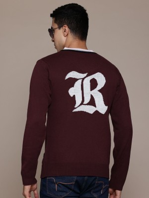 Roadster Self Design Round Neck Casual Men Brown Sweater