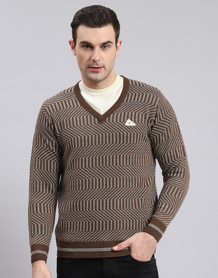 MONTE CARLO Solid V Neck Casual Men Brown Sweater