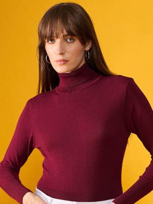 98 Degree North Solid High Neck Casual Women Maroon Sweater