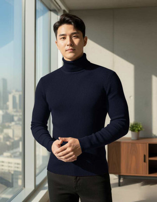 FASHLOOK Solid High Neck Casual Men Dark Blue Sweater