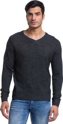 PARX Self Design V Neck Casual Men Grey Sweater