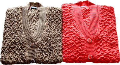 Shunit creation Self Design V Neck Lounge Wear Women Brown, Red Sweater