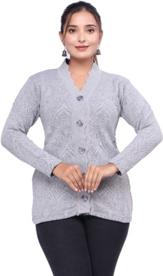 WOOL 4U Solid Collared Neck Casual Women Grey Sweater