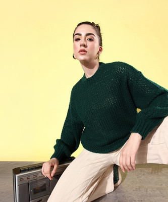 Roadster Self Design Round Neck Casual Women Green Sweater