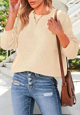 COLORCHAKRA Self Design Round Neck Casual Women White Sweater