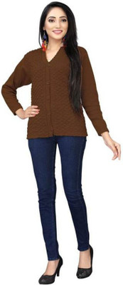 Shunit creation Self Design V Neck Lounge Wear Women Brown Sweater