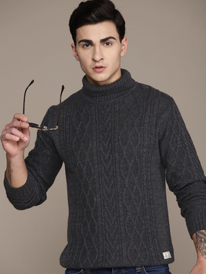 Roadster Self Design Turtle Neck Casual Men Black Sweater