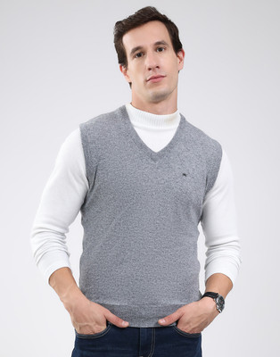 MONTE CARLO Solid V Neck Casual Men Grey Sweater