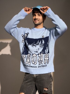 FUGAZEE Printed Round Neck Casual Men Blue Sweater