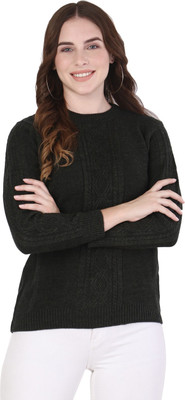 Knitco Self Design Round Neck Casual Women Black Sweater