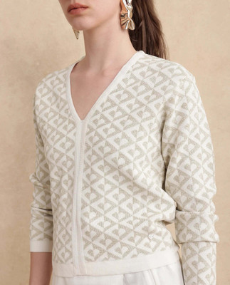RAREISM Geometric Print V Neck Casual Women White Sweater