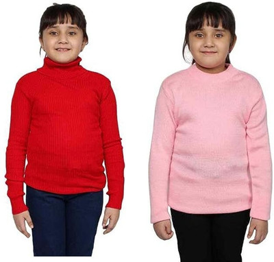 100LUCK Solid Turtle Neck Casual Girls Pink, Red Sweater