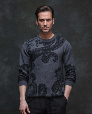 RARE RABBIT Printed Crew Neck Casual Men Grey Sweater