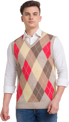 COLORPLUS Self Design, Colorblock V Neck Casual Men Beige Sweater