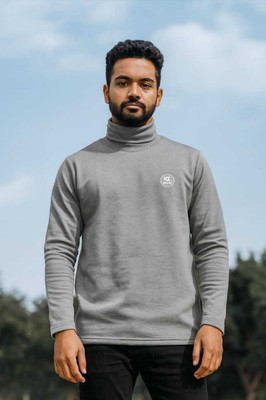 KNOTRIX Solid High Neck Casual Men Grey Sweater