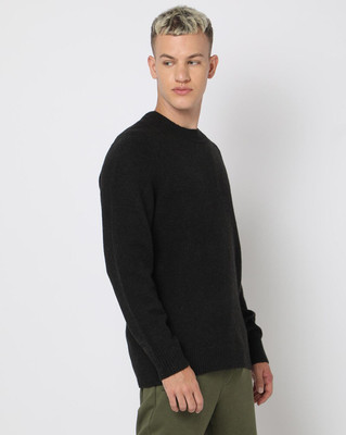 GAP Solid Round Neck Casual Men Black Sweater