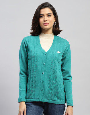 MONTE CARLO Self Design V Neck Casual Women Green Sweater