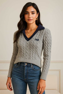 Flora fab by rashmi Embellished Collared Neck Casual Women Grey Sweater