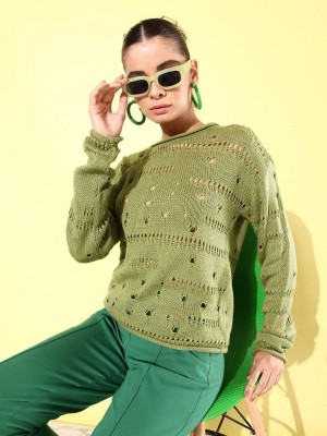 Roadster Self Design Boat Neck Casual Women Green Sweater