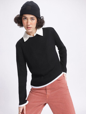 Glitchez Solid Round Neck Casual Women Black Sweater