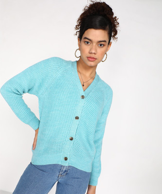 NUMERO UNO Self Design V Neck Casual Women Light Blue Sweater