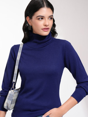 Tokyo Talkies Woven Turtle Neck Casual Women Blue Sweater