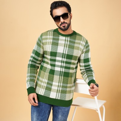 YU by Pantaloons Checkered Round Neck Casual Men Green Sweater