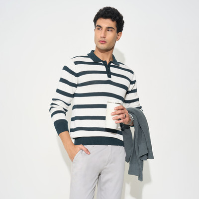 Peregrine by Pantaloons Striped Collared Neck Casual Men Blue Sweater