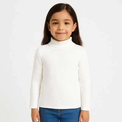Parilux Self Design High Neck Casual Girls White Sweater
