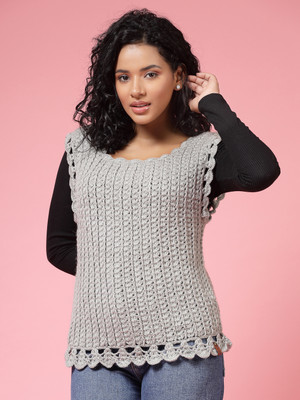 Velvery Self Design Round Neck Casual Women Grey Sweater