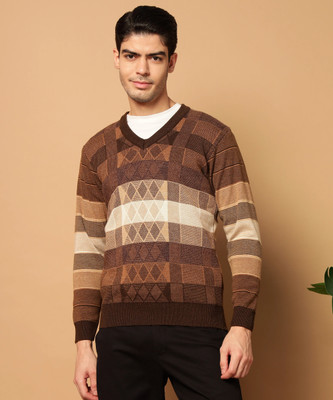 CANBLAR Colorblock V Neck Casual Men Brown Sweater