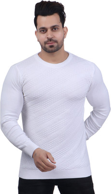 FEVERFEW Self Design Round Neck Casual Men White Sweater
