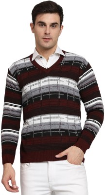 NICO WESLEY Striped V Neck Casual Men Maroon Sweater