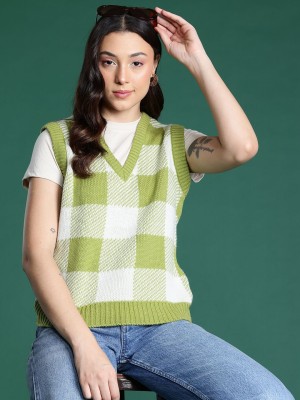 Dressberry Checkered V Neck Casual Women Green Sweater